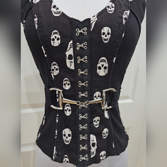 ~SOLD~ Hot Topic Vintage Rare Tripp Royal Bones Black White Skull Corset Top - Picture 2 of 8